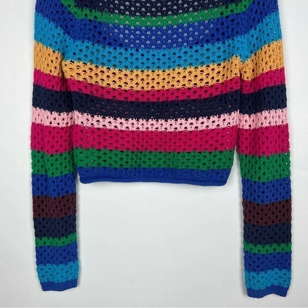 Zara women square neck crochet top size S cropped long sleeve striped multicolor - Picture 7 of 9